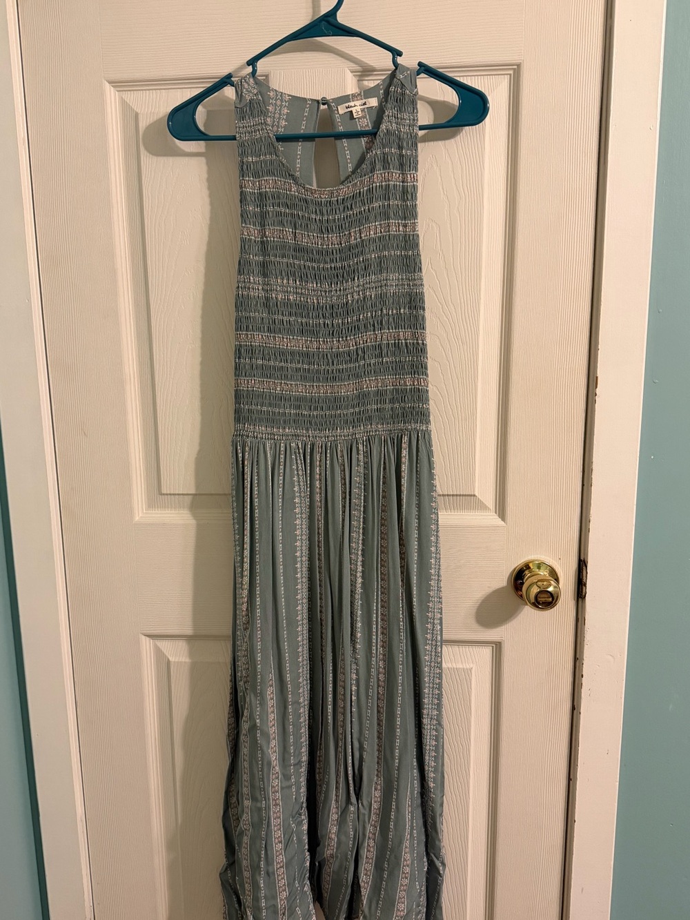Bleu Ciel Boho Maxi Dress Size L Blue Gray Smocked Open Back 100% Rayon